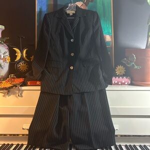 Rena Rowan Black White Pinstripe Suit High Waist WideLeg Pants size 14 Blazer 12
